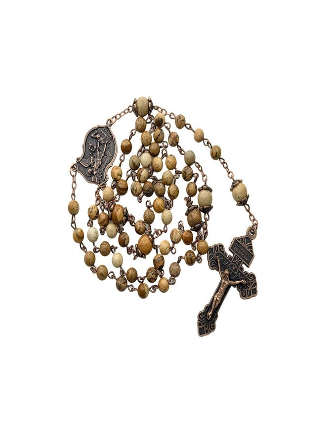 Intercession Natural Stone St. Michael Rosary - Handcrafted Green & Earth-Tone Gemstone Beads with Antique Bronze Crucifix and Medal (Jasper Stone - 6mm) - Image 1